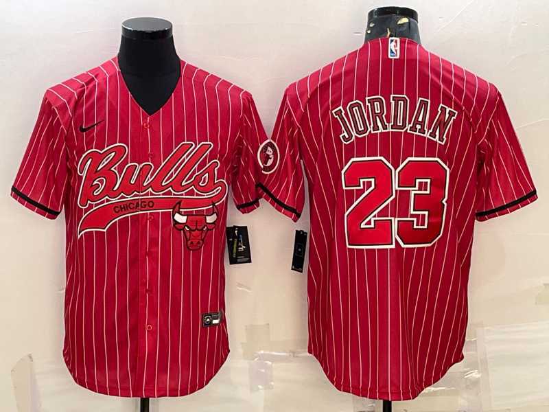 Men%27s Chicago Bulls #23 Michael Jordan Red Pinstripe With Patch Cool Base Stitched Baseball Jersey